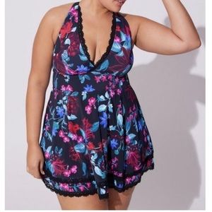 Wireless Mid Lace Trimmed Swim Dress With Brief